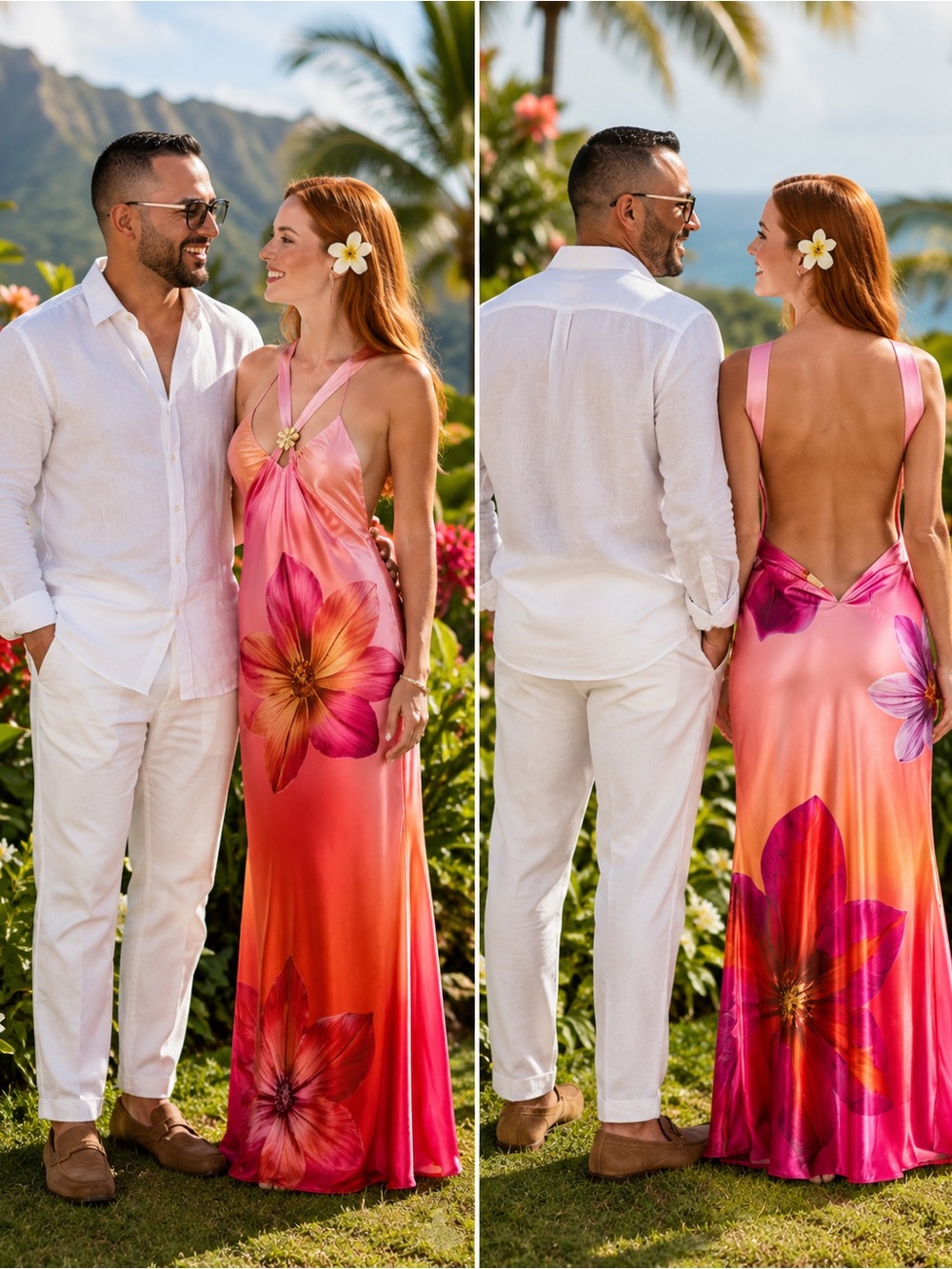 NWT Pink Red Tropical Floral Satin Open Back Maxi Dress